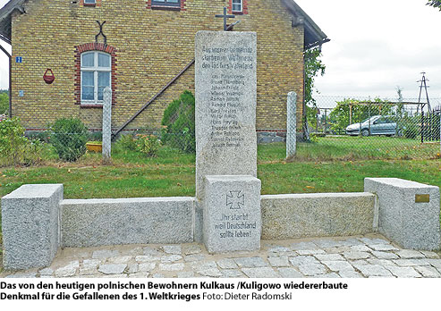 Das von den heutigen polnischen Bewohnern Kulkaus / Kuligowo wieder erbaute Denkmal für die Gefallenen des 1. Weltkrieges Foto: Dieter Radomski