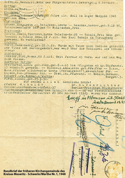 Nr. 1 - Rundbrief der früheren Kirchengemeinden
					des Kreises Meseritz –
					Schwerin/Warthe - 1948