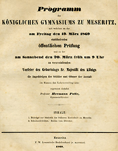 Programm des KÖNIGLICHEN GYMNASIUMS ZU MESERITZ für eine öffentliche Prüfung (1869)